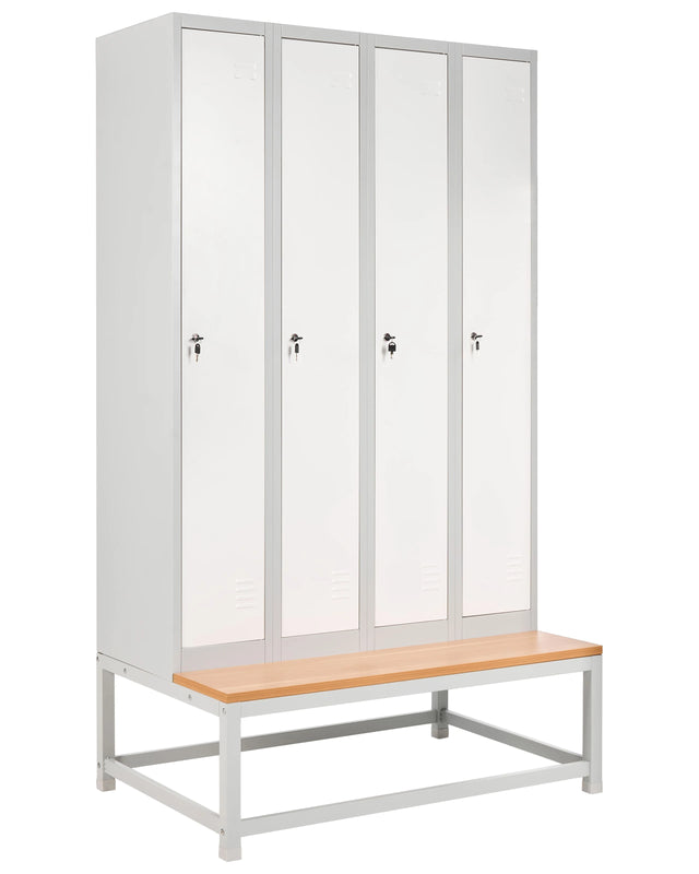 Storage Locker White and Grey Metal Clothes Cabinet 4 Doors with Bench Gym School Changing Room Beliani