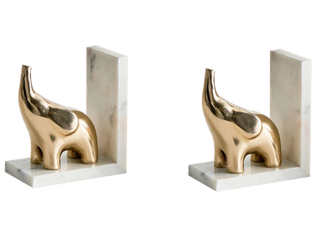 Set of 2 Bookends White Marble Gold Aluminium Elephants Modern Glamour Home Decorations Book Holders Beliani