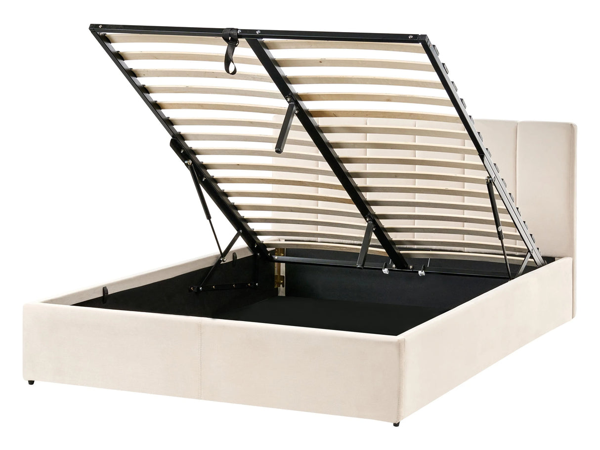 Bed Frame Light Beige Velvet Upholstery EU Double Size 4ft6 Lift Up Storage with Headboard and Slatted Base Beliani