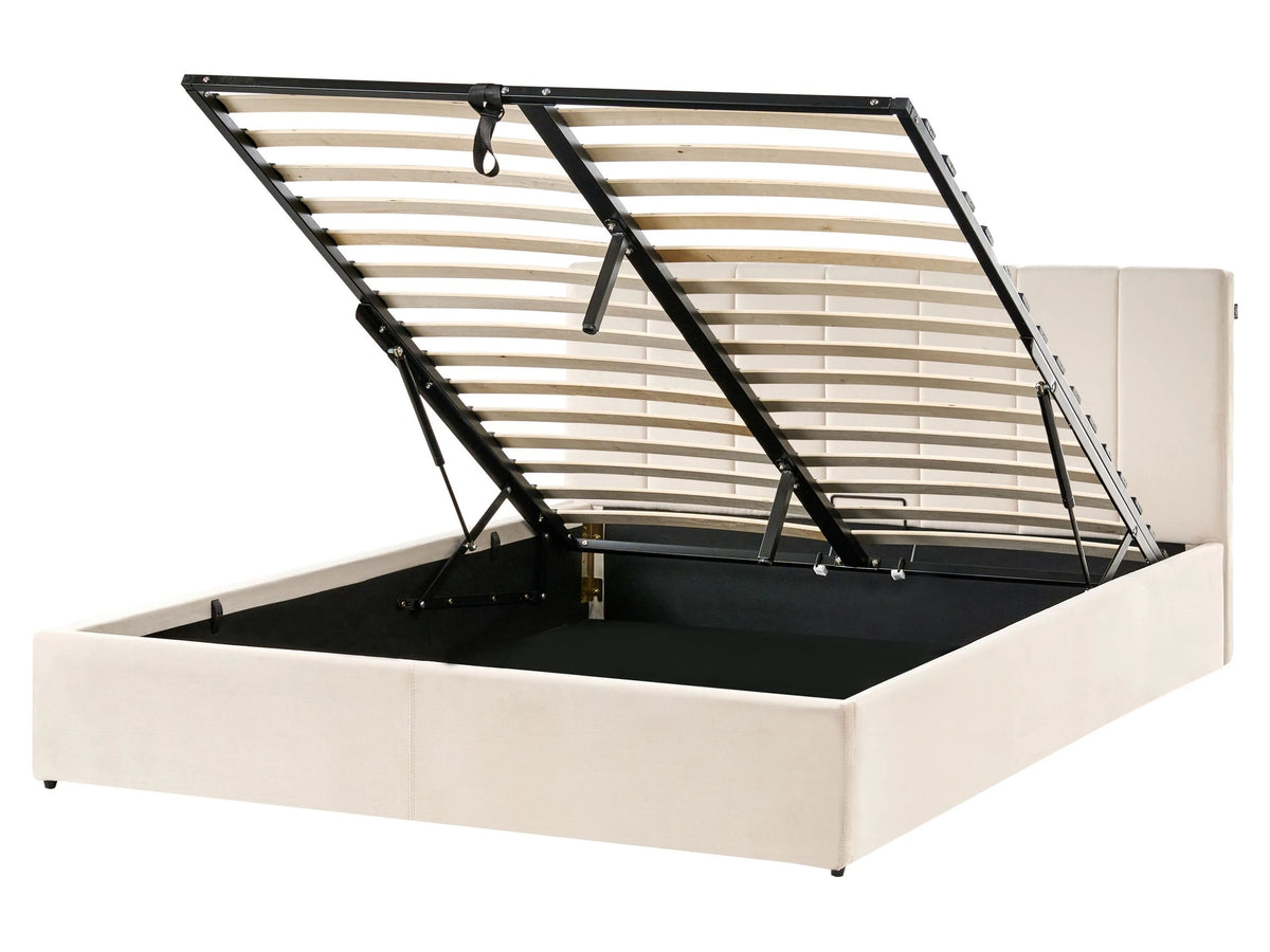 Bed Frame Light Beige Velvet Upholstery EU King Size 5ft3 Lift Up Storage with Headboard and Slatted Base Beliani