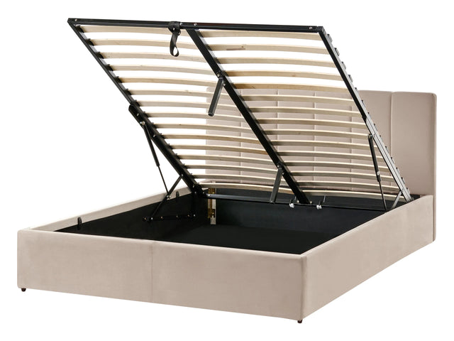 Bed Frame Taupe Velvet Upholstery EU Double Size 4ft6 Lift Up Storage with Headboard and Slatted Base Beliani