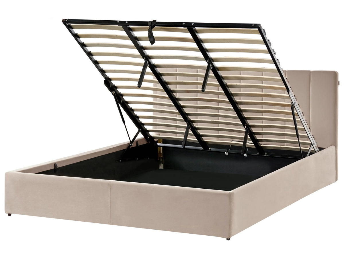Bed Frame Taupe Velvet Upholstery EU Super King Size 6ft Lift Up Storage with Headboard and Slatted Base Beliani