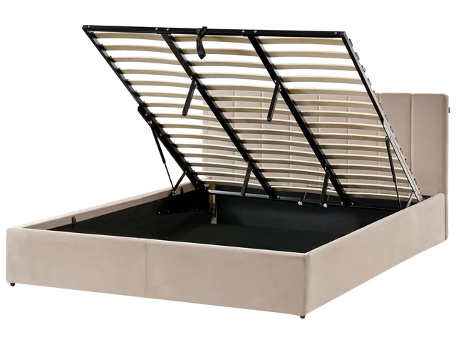 Bed Frame Taupe Velvet Upholstery EU Super King Size 6ft Lift Up Storage with Headboard and Slatted Base Beliani