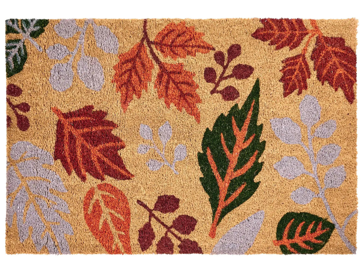 Doormat Multicolour Coir with Rubber Bottom 60 x 90 cm Anti Slip Decoration Leaves Pattern Welcome Mat Beliani