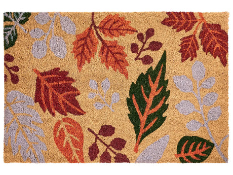 Doormat Multicolour Coir with Rubber Bottom 60 x 90 cm Anti Slip Decoration Leaves Pattern Welcome Mat Beliani
