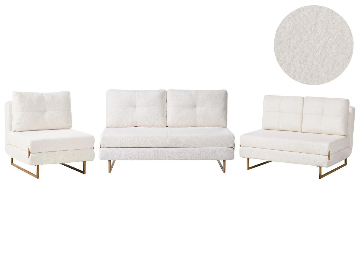 Living Room Set Off White Boucle 3 Seater 2 Seater 1 Seater for 6 People Fold Out Sleeping Function Beliani