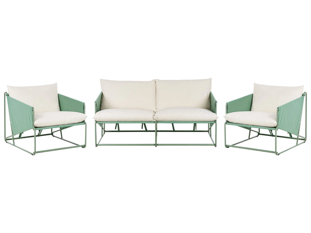 Low Oversized Sofa and 2 Chairs Set Green Metal Backrest Seat Cushions Slipper Design Indoor and Outdoor Modern Design Beliani
