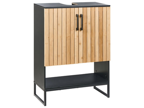 Bathroom Cabinet Light Brown Bamboo Black Steel Frame Free Standing Storage 2 Shelves Bathroom Beliani