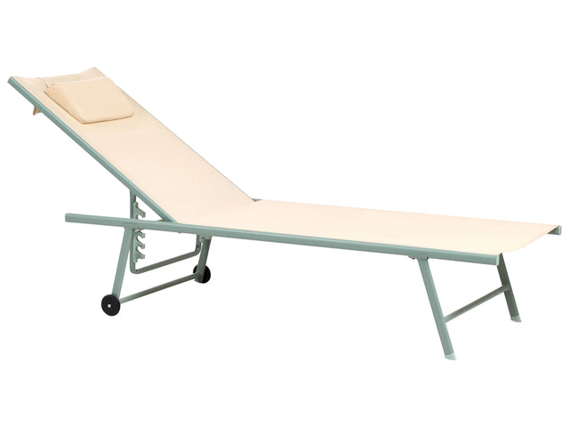 Set of 2 Sun Loungers Beige Sling Headrest Cushion Green Powder Coated Steel Frame Reclining Garden Outdoor Beliani