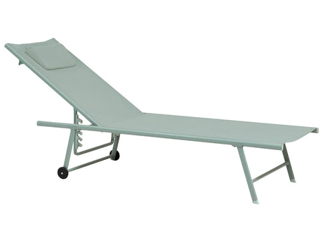 Set of 2 Sun Loungers Light Green Sling Headrest Cushion Green Powder Coated Steel Frame Reclining Garden Outdoor Beliani