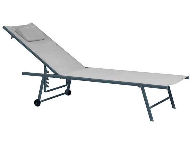 Set of 2 Sun Loungers Light Grey Sling Headrest Cushion Grey Powder Coated Steel Frame Reclining Garden Outdoor Beliani