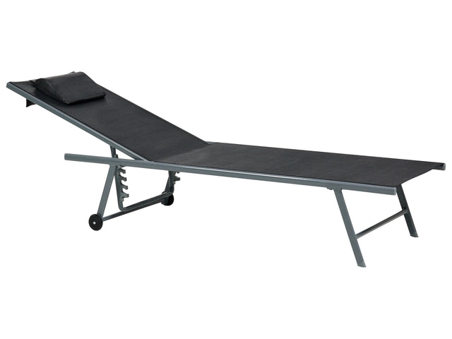 Set of 2 Sun Loungers Black Sling Headrest Cushion Grey Powder Coated Steel Frame Reclining Garden Outdoor Beliani