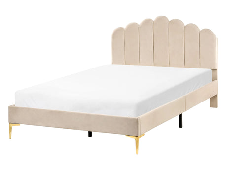 EU Small Double Size Bed Beige Velvet 4ft Metal Legs with Headboard and Slatted Base Beliani