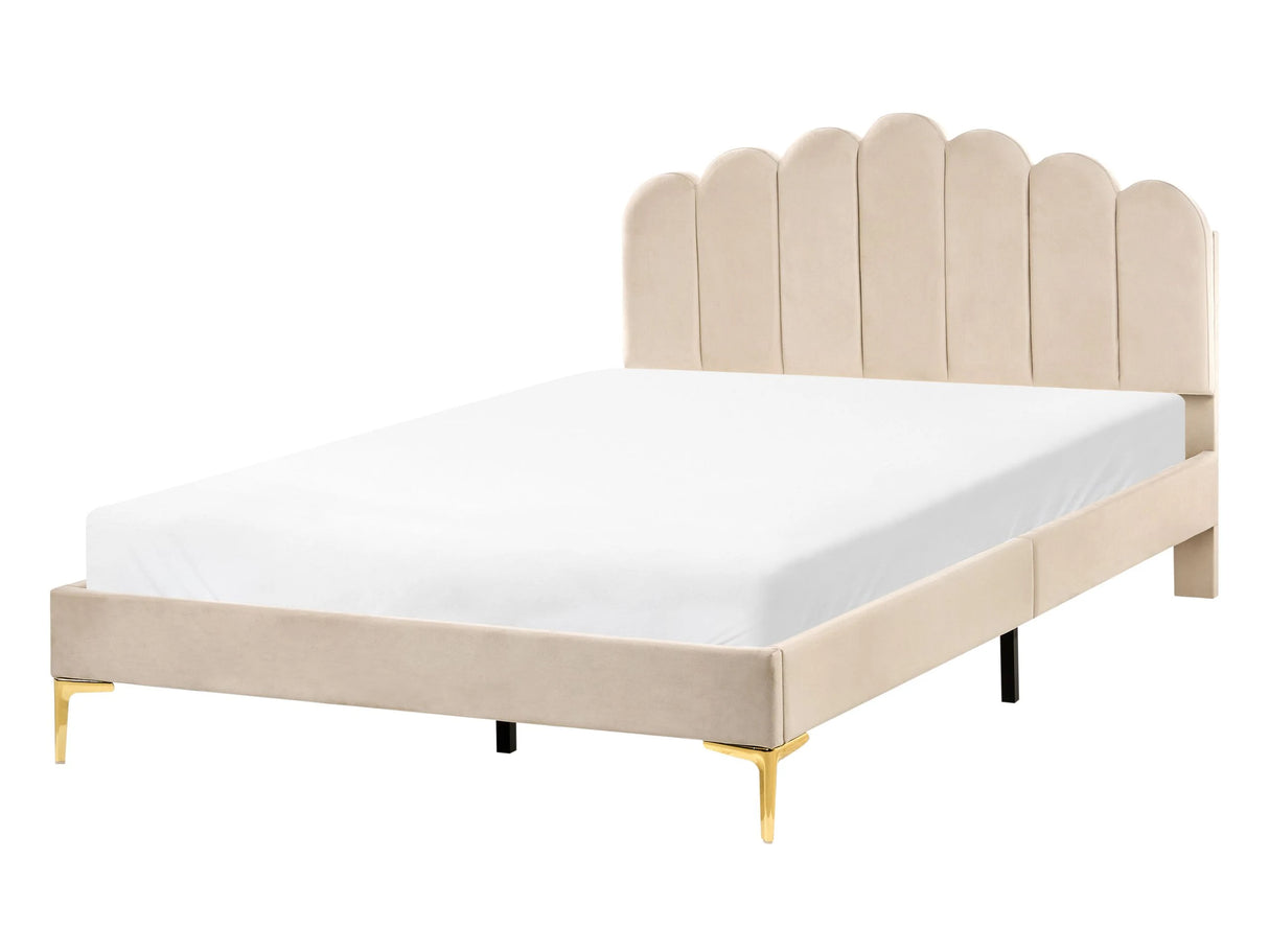 Bed Beige Velvet 4ft6 Double Metal Legs with Headboard and Slatted Base Beliani