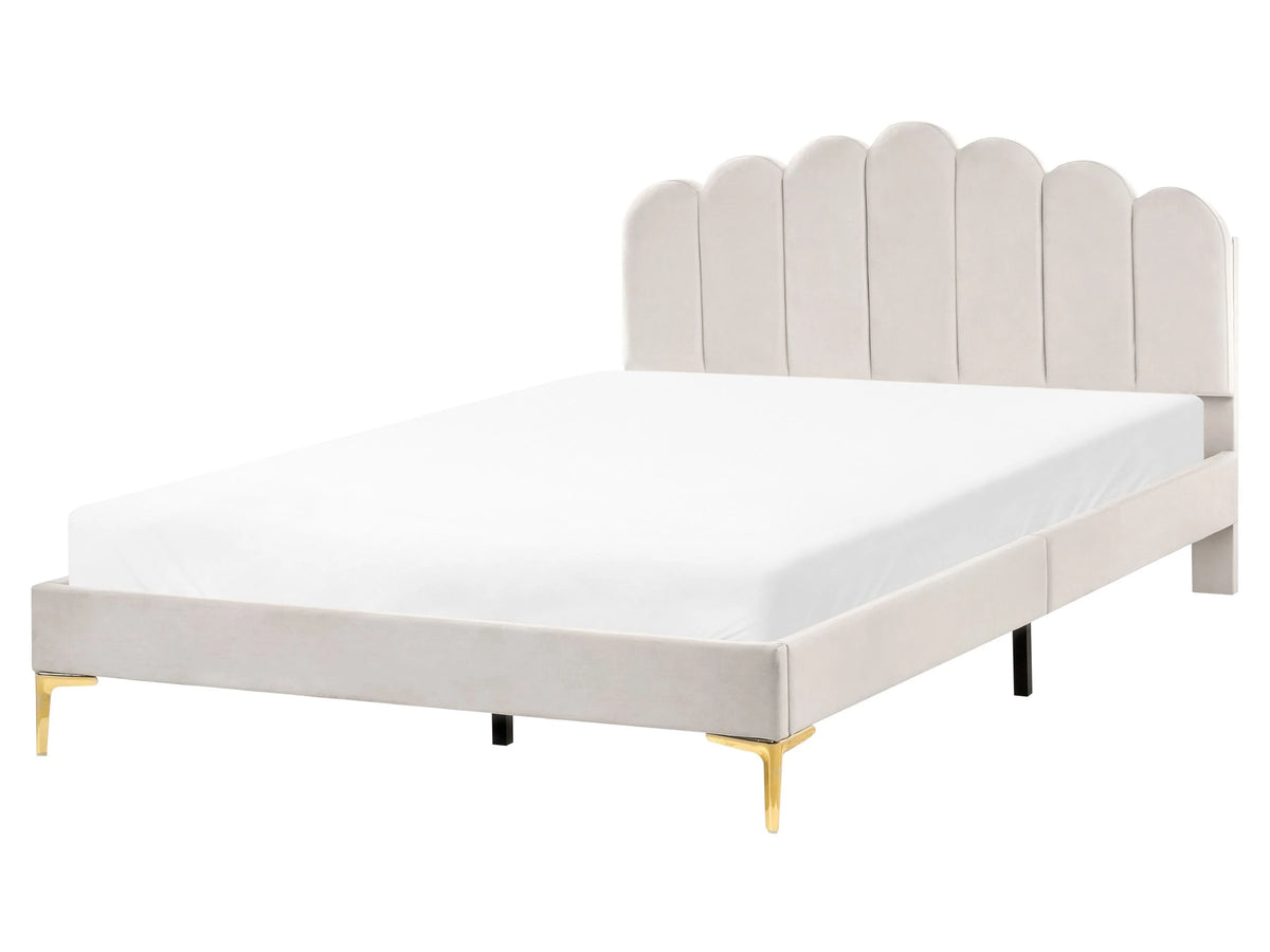 Bed Off-White Velvet 5ft3 EU King Size Metal Legs with Headboard and Slatted Base Beliani