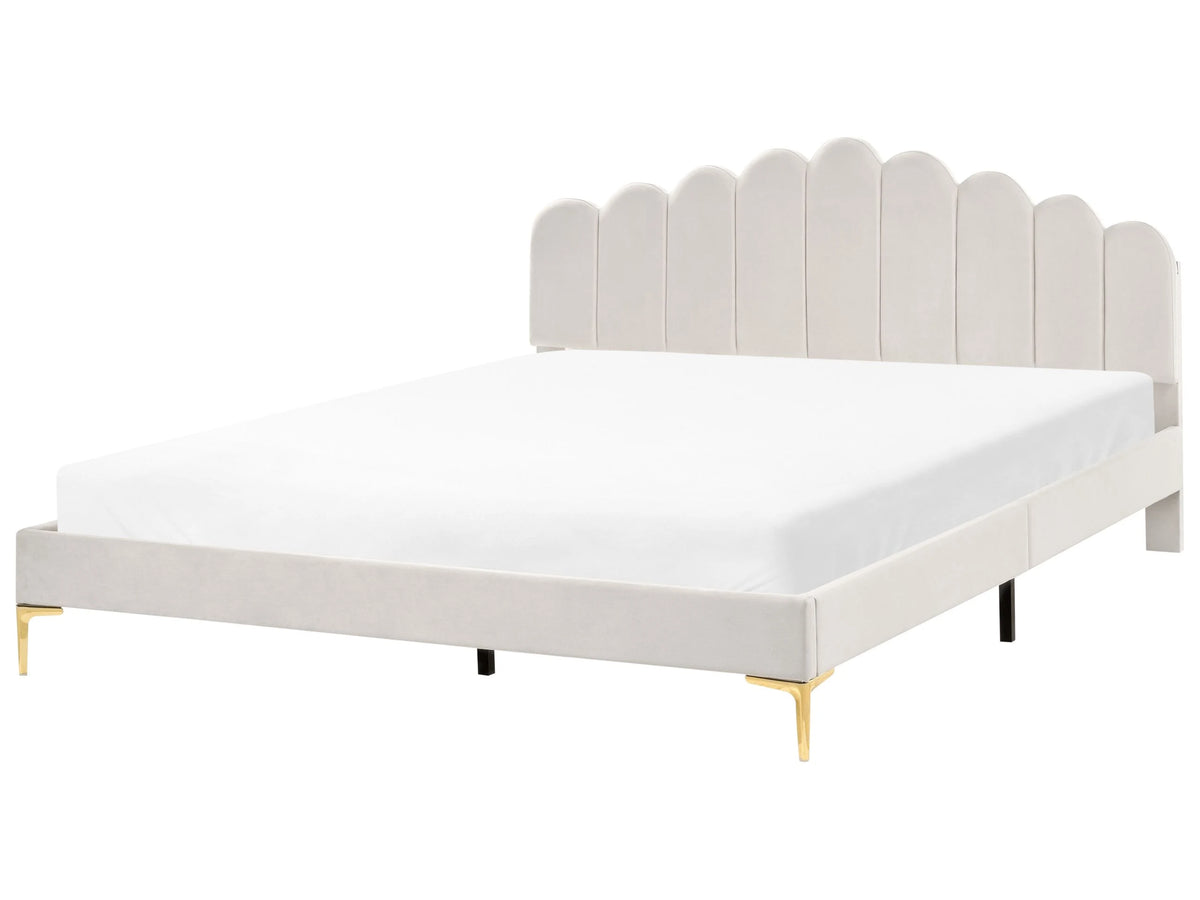 Bed Off-White Velvet 6ft EU Super King Size Metal Legs with Headboard and Slatted Base Beliani