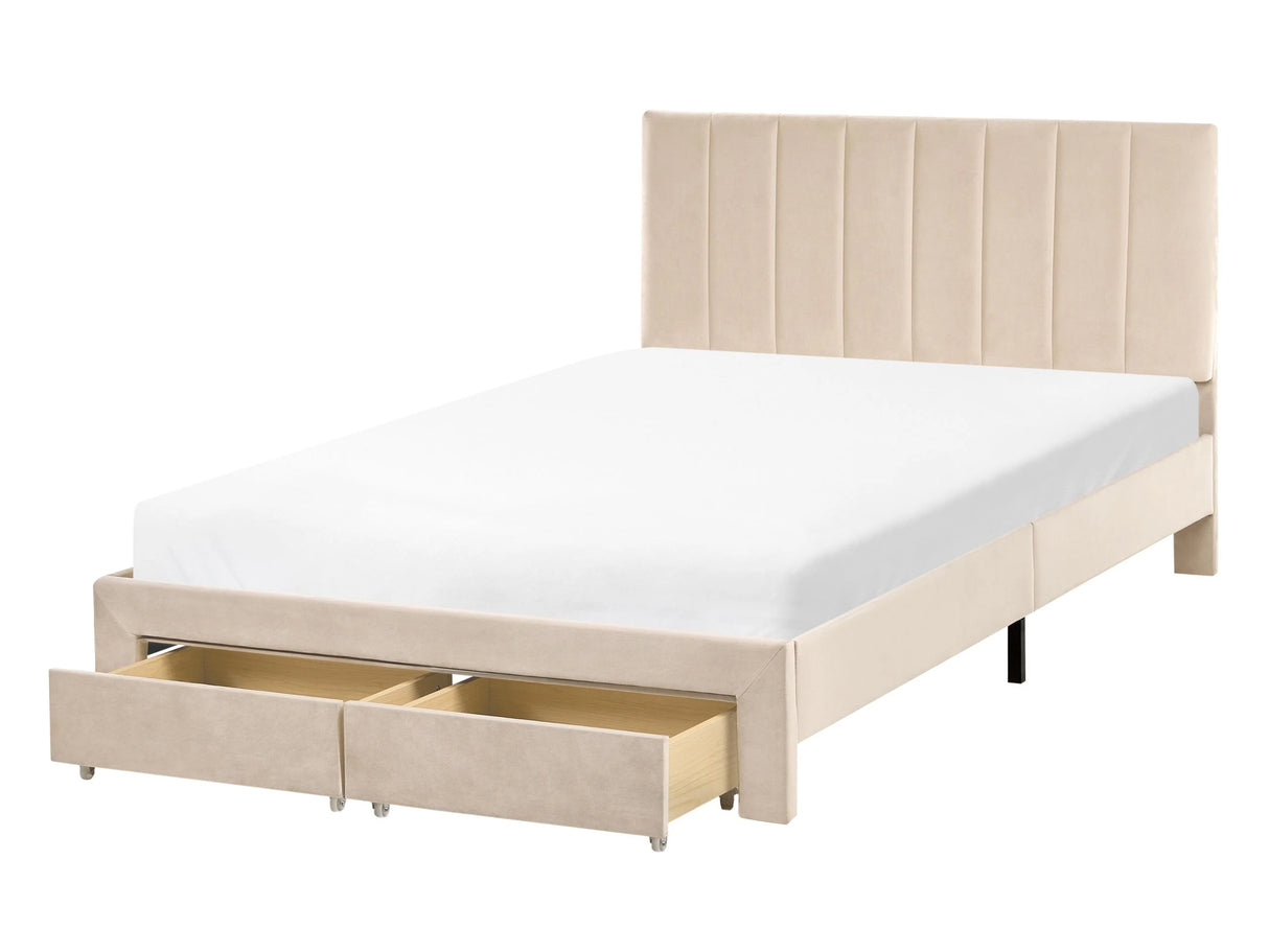 EU Small Double Size Bed Beige Velvet Upholstery 4ft with Drawers Headboard Slatted Base Modern Beliani