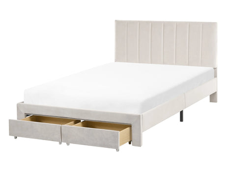 EU Small Double Size Bed Off-White Velvet Upholstery 4ft with Drawers Headboard Slatted Base Modern Beliani