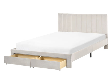 EU Double Size Bed Off-White Velvet Upholstery 4ft6 with Drawers Headboard Slatted Base Modern Beliani