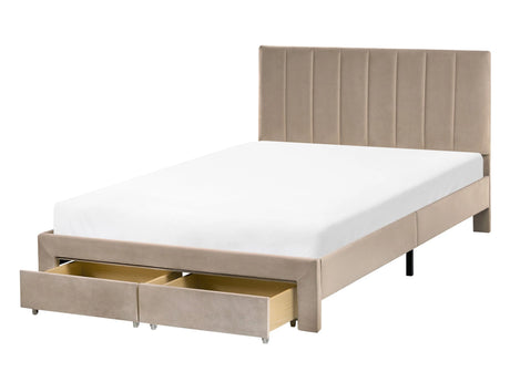 EU Small Double Size Bed Taupe Velvet Upholstery 4ft with Drawers Headboard Slatted Base Modern Beliani