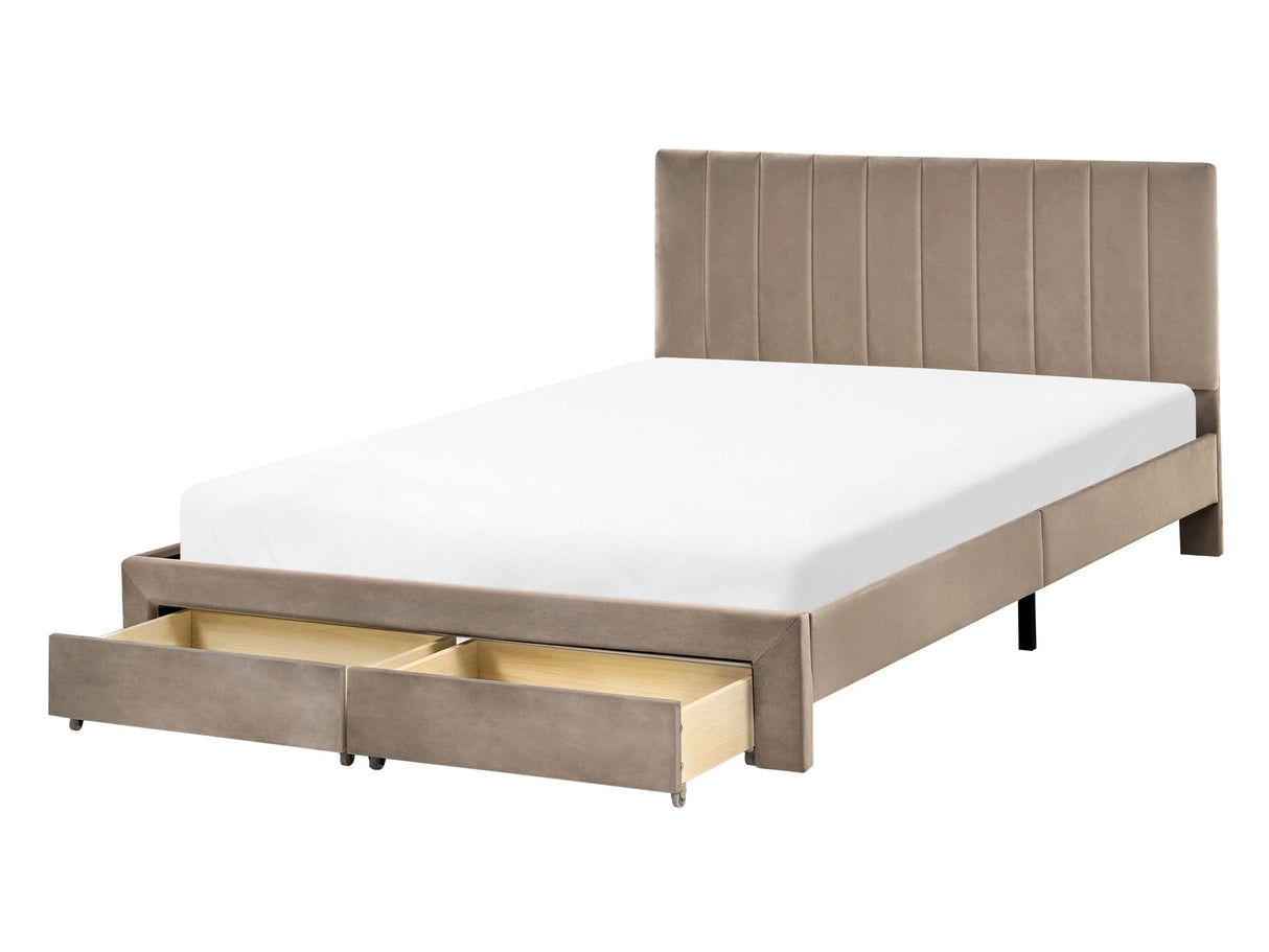 EU Double Size Bed Taupe Velvet Upholstery 4ft6 with Drawers Headboard Slatted Base Modern Beliani