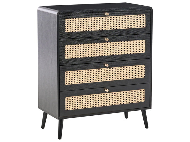 Chest of Drawers Black MDF 4 Drawers PE Rattan Brown Boho Style Wooden Legs Bedroom Living Room Beliani