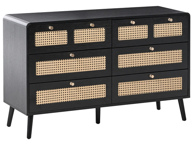 Chest of Drawers Black MDF 6 Drawers PE Rattan Brown Boho Style Wooden Legs Bedroom Living Room Beliani