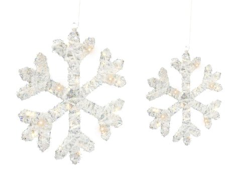 Set of 2 LED Hanging Snowflakes White Metal Xmas Decor with Lights Beliani