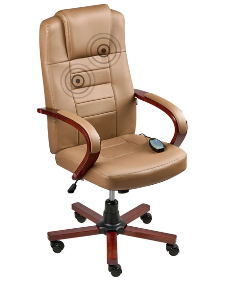 Massage Chair Light Brown Leather Swivel Gas Lift Adjustable Height with Castors Ergonomic Modern Office Beliani