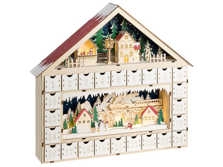 LED Christmas Decoration Light Brown Wood Advent Calendar House-Shaped Battery-Operated Beliani