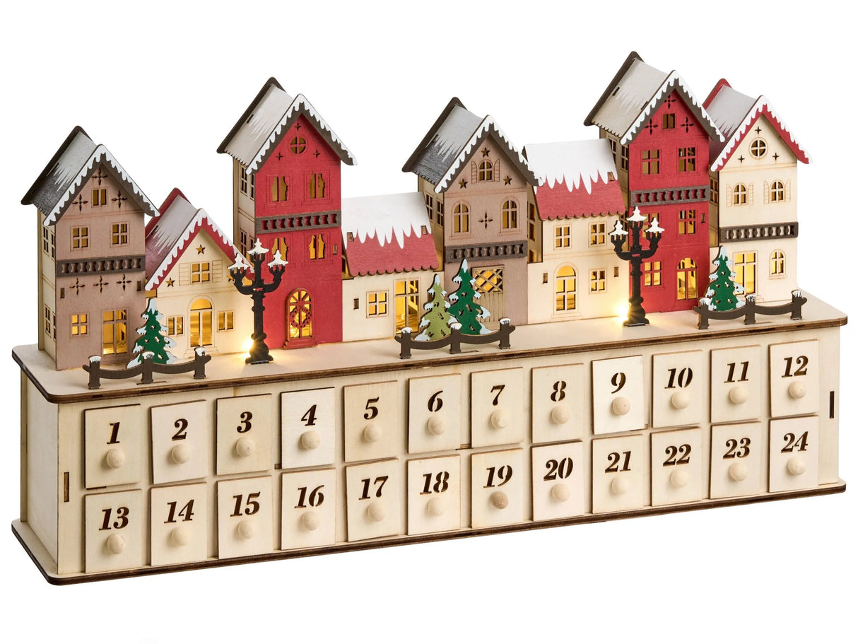Christmas Decoration with LED Lights Light Brown Wooden Advent Calendar Light-Up Christmas Scenery Battery-Operated Beliani