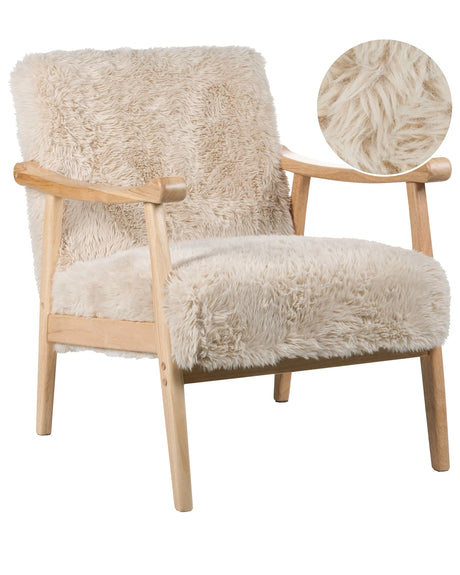 Armchair Light Beige Polyester Faux Fur Upholstery Retro Design Wooden Frame Armrests Living Room Beliani