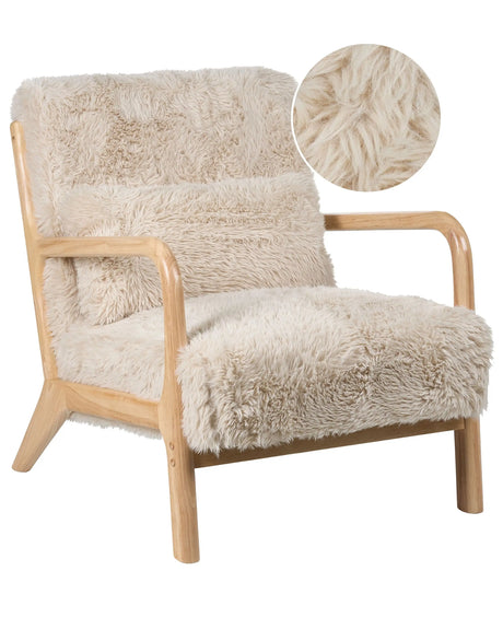 Armchair Light Beige Faux Fur Wooden Legs with Armrests and Cushion Classic Traditional Living Room Beliani