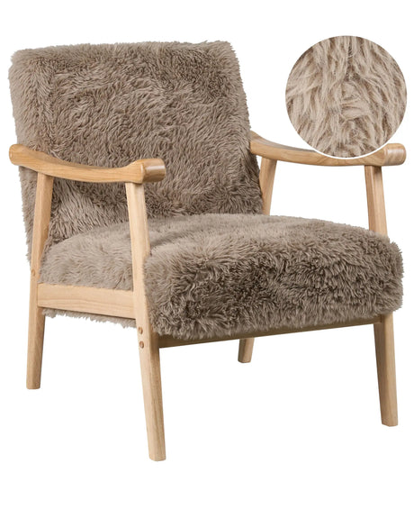 Armchair Taupe Polyester Faux Fur Upholstery Retro Design Wooden Frame Armrests Living Room Beliani