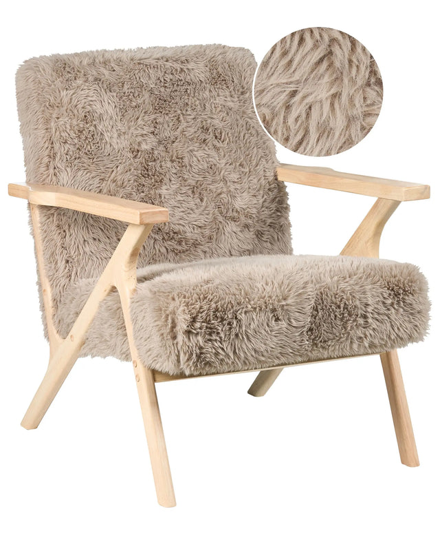 Armchair Taupe Polyester Faux Fur Upholstery Retro Design Wooden Frame Armrests Living Room Beliani