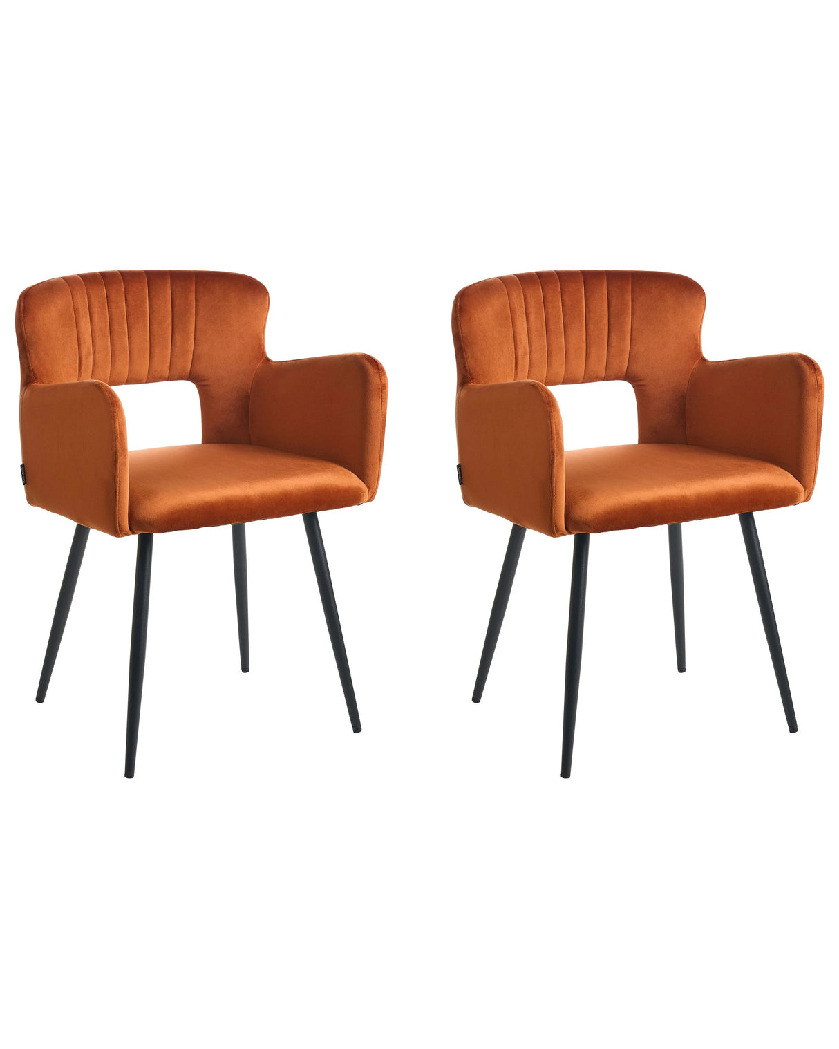 Set of 2 Chairs Dining Chair Orange Velvet with Armrests Cut-Out Backrest Black Metal Legs Beliani