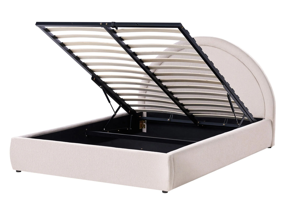 Bed Frame Light Beige Fabric Upholstery EU Double Size 4ft6 Lift Up Storage with Headboard and Slatted Base Beliani