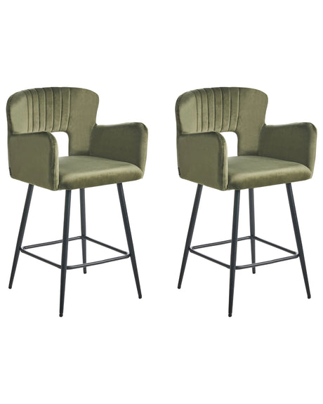 Set of 2 Chairs Bar Chair Olive Green Velvet with Armrests Cut-Out Backrest Black Metal Legs Beliani