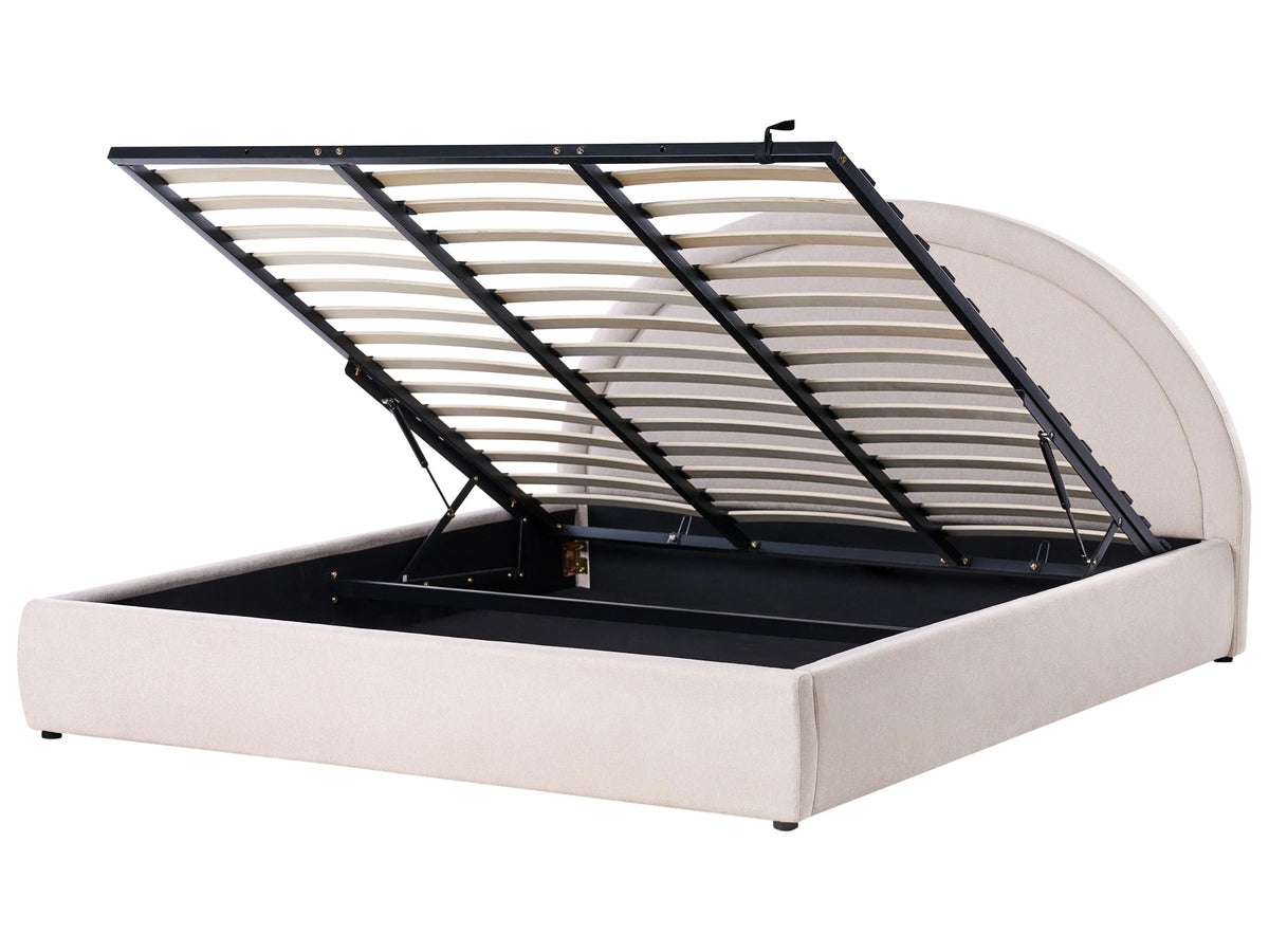 Bed Frame Light Beige Fabric Upholstery EU Super King Size 6ft Lift Up Storage with Headboard and Slatted Base Beliani