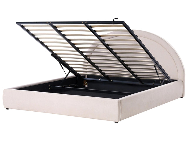 Bed Frame Light Beige Fabric Upholstery EU Super King Size 6ft Lift Up Storage with Headboard and Slatted Base Beliani