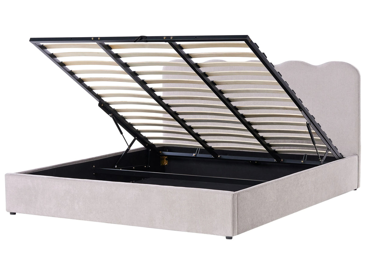 Bed Frame Taupe Fabric Upholstery EU Super King Size 6ft Lift Up Storage with Headboard and Slatted Base Beliani