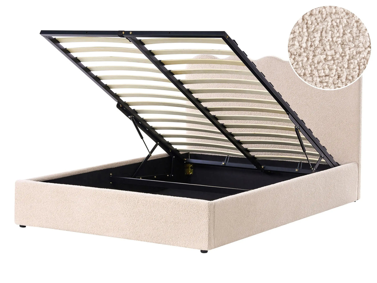 Bed Frame Beige Bocule Fabric Upholstery EU Double Size 4ft6 Lift Up Storage with Headboard and Slatted Base Beliani