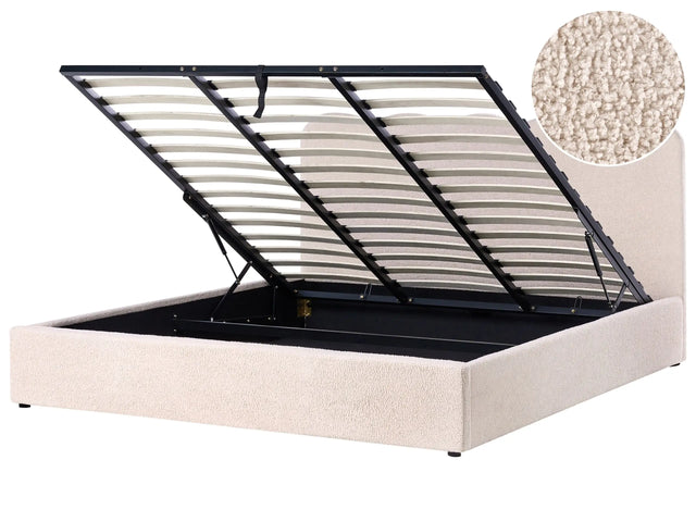 Bed Frame Beige Bocule Fabric Upholstery EU Super King Size 6ft Lift Up Storage with Headboard and Slatted Base Beliani