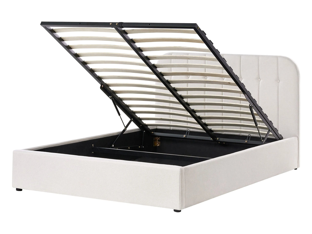 Bed Frame Off-White Fabric Upholstery EU Double Size 4ft6 Lift Up Storage with Headboard and Slatted Base Beliani