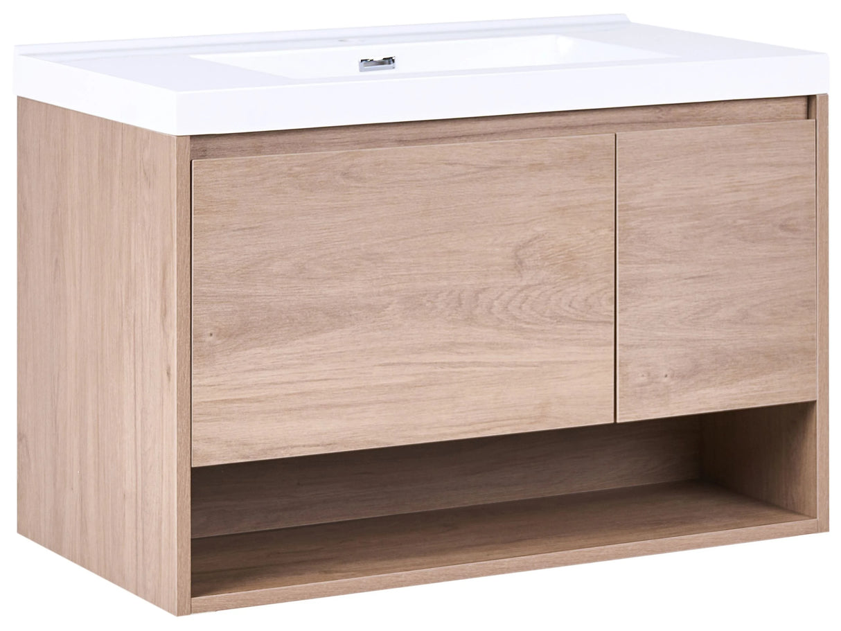 Wall Mounted Bathroom Cabinet Vanity Unit Light Brown 90 x 50 cm with 1 Drawer 2 Shelves with Washbasin Beliani