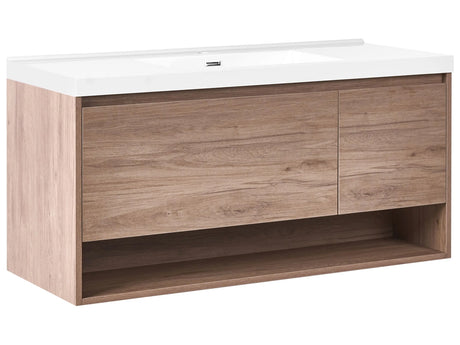 Wall Mounted Bathroom Cabinet Vanity Unit Light Brown 120 x 50 cm with 1 Drawer 2 Shelves with Washbasin Beliani