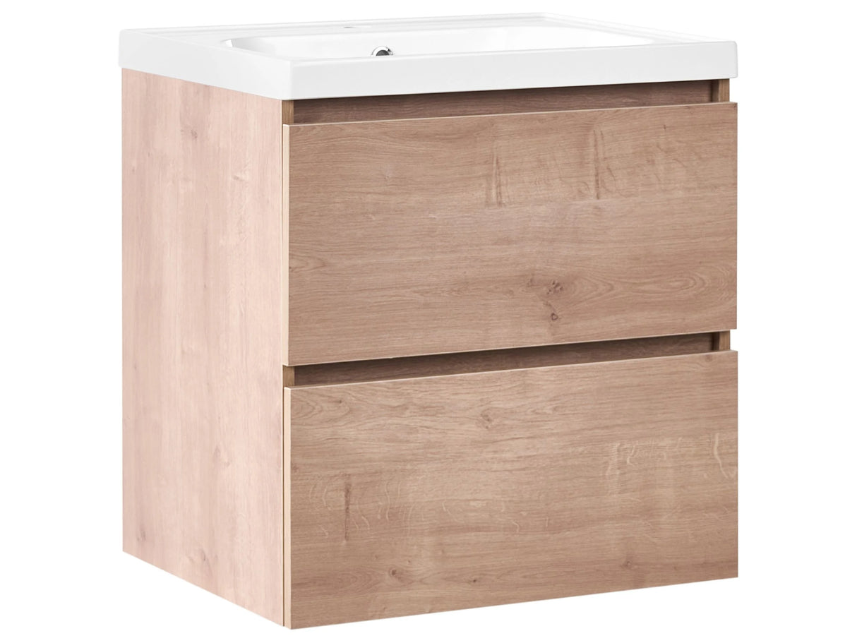 Wall Mounted Bathroom Cabinet Vanity Unit Light Brown 60 x 49 cm with 2 Drawers with Washbasin Beliani