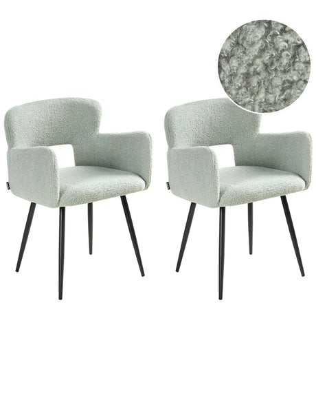 Set of 2 Dining Chairs Light Green Boucle Upholstery with Armrests Cut-Out Backrest Black Metal Legs Modern Design Beliani