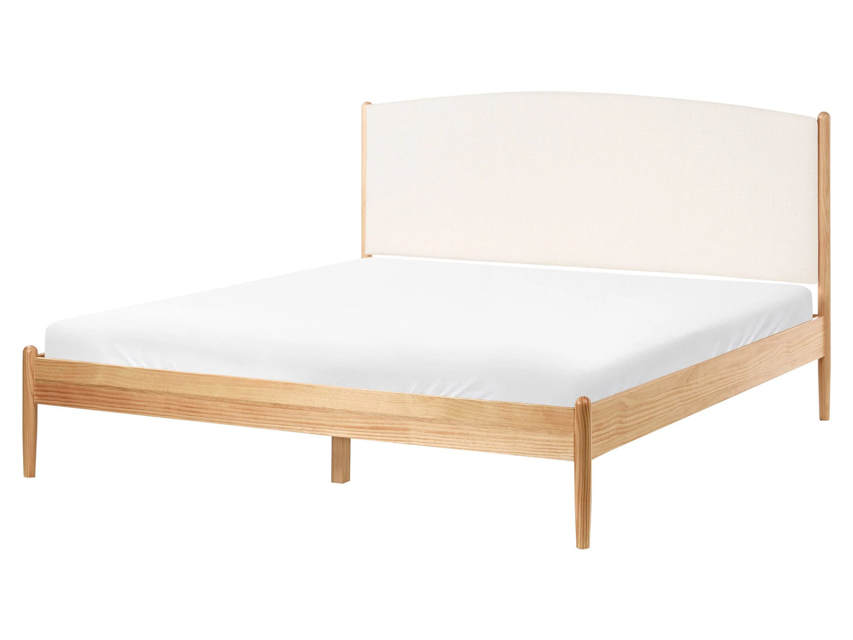 Bed Light Brown Pine Wood Frame EU 5ft3 Fabric Upholstered Headboard with Slatted Base Beliani