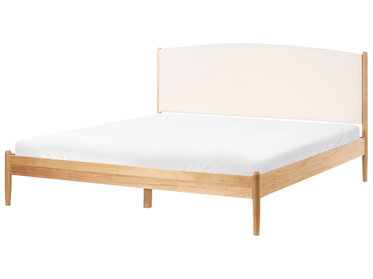 Bed Light Brown Pine Wood Frame EU 6ft Fabric Upholstered Headboard with Slatted Base Beliani